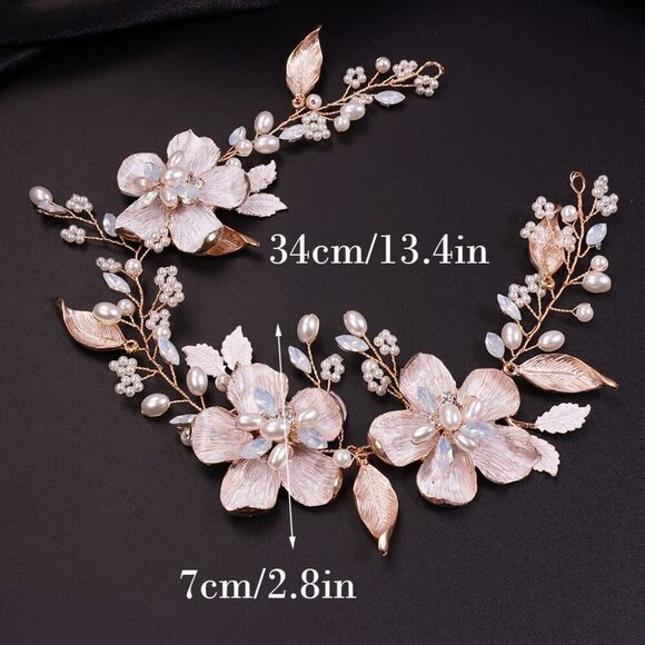 Women\'s Gold Flower Pearls Leaves Headband Bridal Wedding Hair Accessories